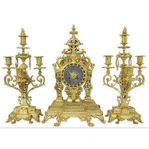 Clock And Candlestick Gilt Bronze Neoclassical