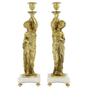 Pair Of Candle To The Vestals In Gilt Bronze 19th Century XIXe