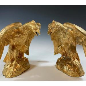 Sculpture Paire d'Aigles En Bronze Doré Napoléon III