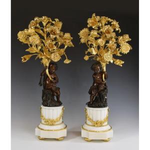 Paire De Chandeliers En Bouquet De Fleurs Style Louis XVI Marbre Et Bronze