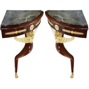 Pair Corner Cabinet Lion Heads Style Empire Mahogany And Bronze