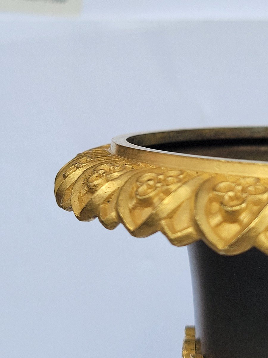 Paire De Vases Médicis à La Cathédrale En Bronze Doré Et Patiné Epoque Charles X  -photo-3