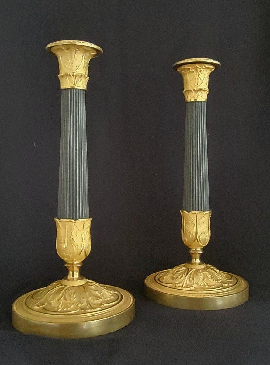 Pair Of Candlesticks In Gilt And Patinated Bronze Empire Period