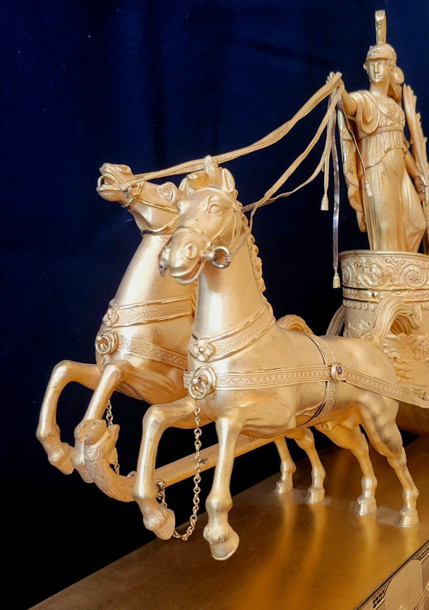 Gilt Bronze Clock On A Chariot Representing Minerva, Restoration Period-photo-3