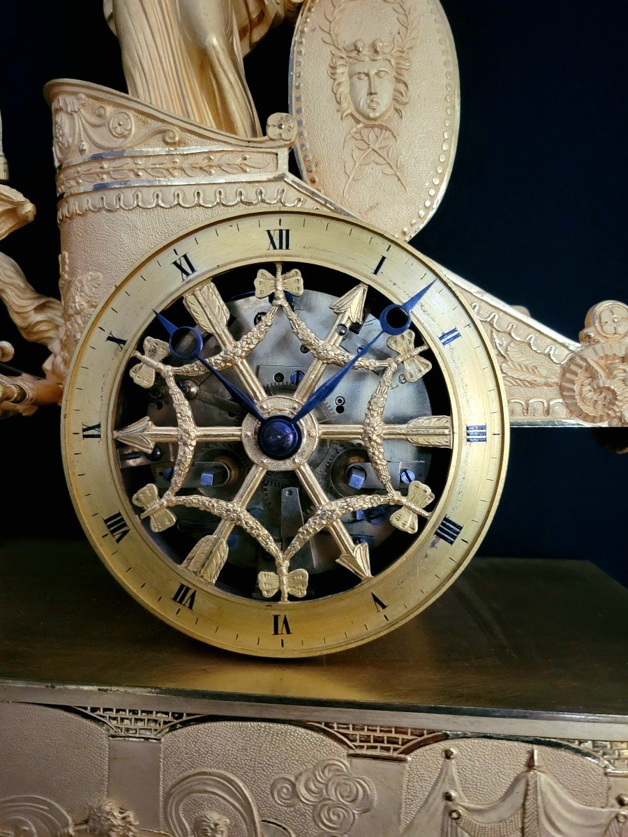 Gilt Bronze Clock On A Chariot Representing Minerva, Restoration Period-photo-4