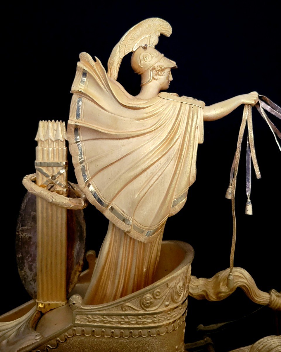 Gilt Bronze Clock On A Chariot Representing Minerva, Restoration Period-photo-5