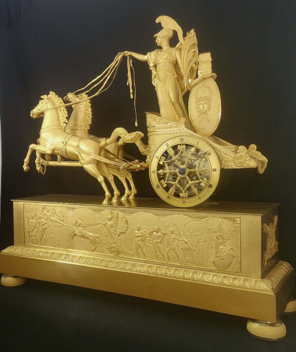 Gilt Bronze Clock On A Chariot Representing Minerva, Restoration Period