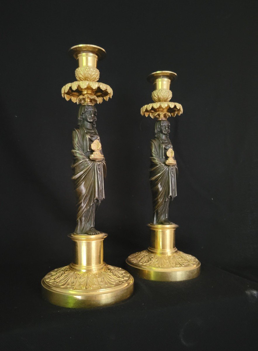 Pair Of Vestal Candlesticks In Gilt And Patinated Bronze, Empire Period -photo-2