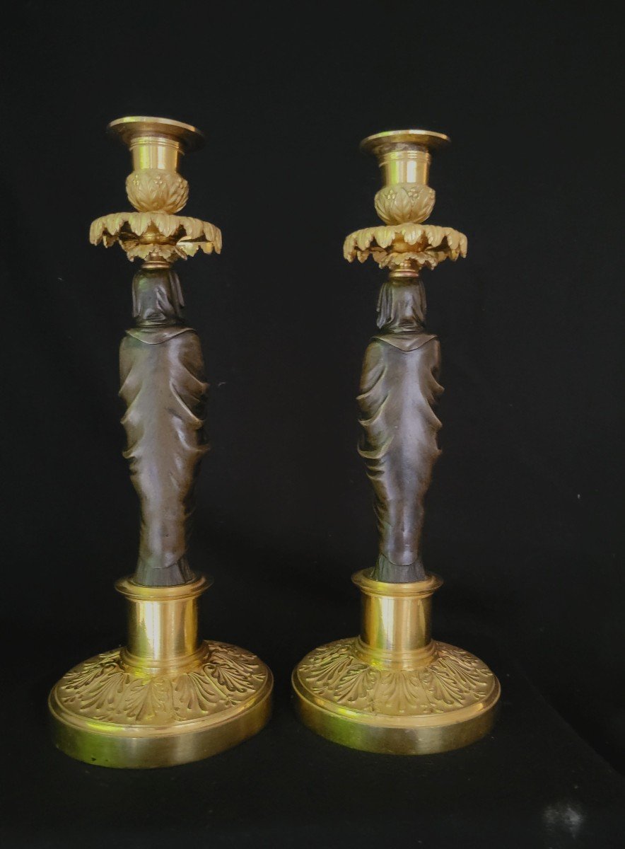 Pair Of Vestal Candlesticks In Gilt And Patinated Bronze, Empire Period -photo-3
