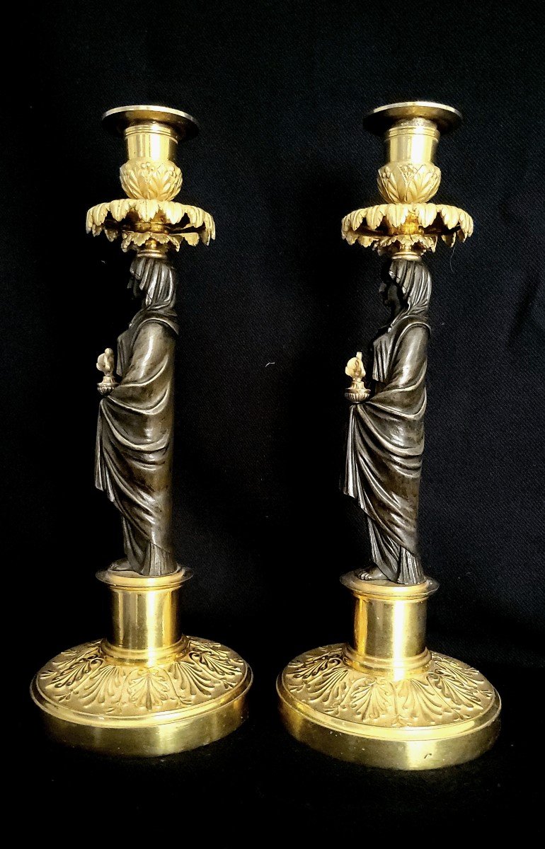 Pair Of Vestal Candlesticks In Gilt And Patinated Bronze, Empire Period -photo-1