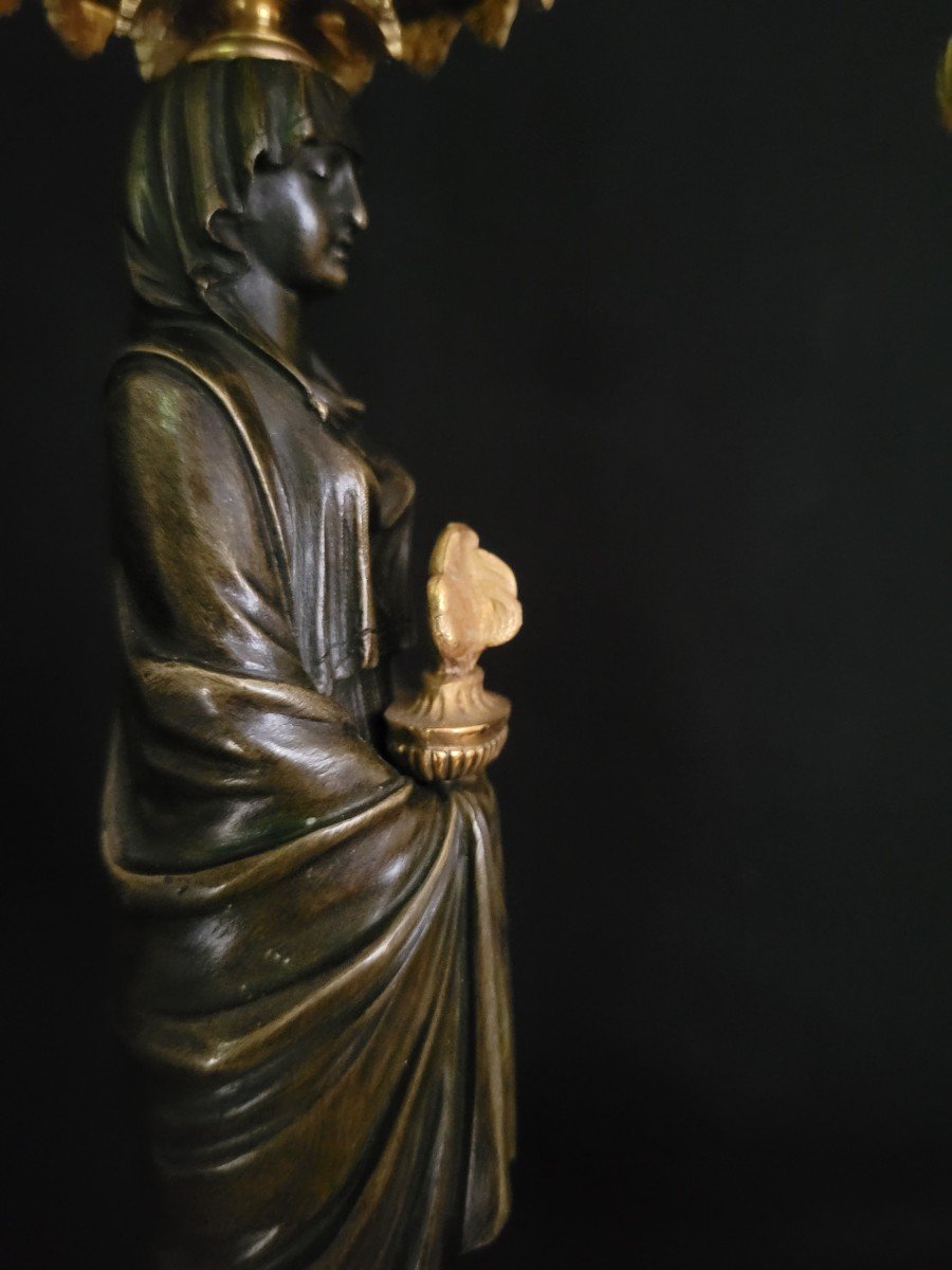 Pair Of Vestal Candlesticks In Gilt And Patinated Bronze, Empire Period -photo-4