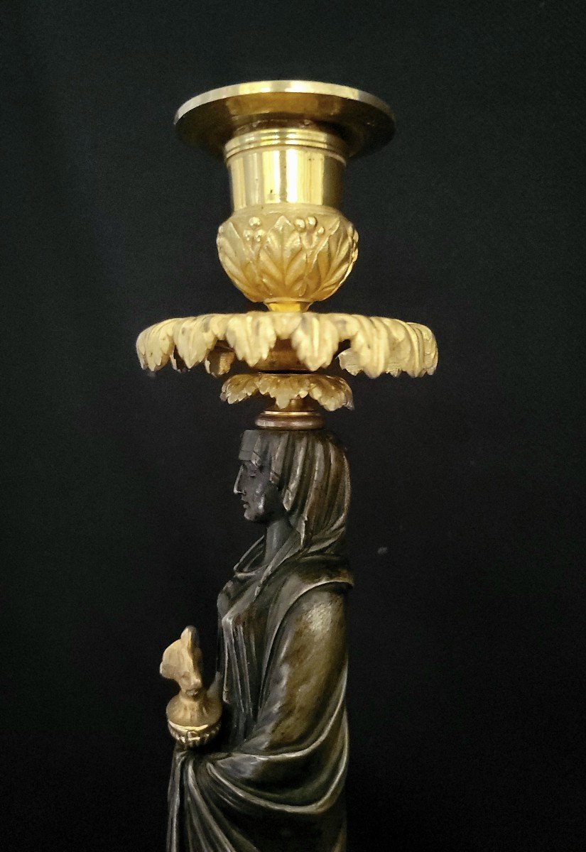 Pair Of Vestal Candlesticks In Gilt And Patinated Bronze, Empire Period -photo-7