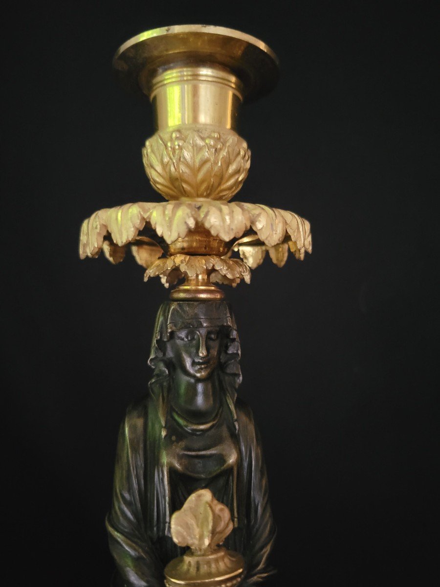 Pair Of Vestal Candlesticks In Gilt And Patinated Bronze, Empire Period -photo-8