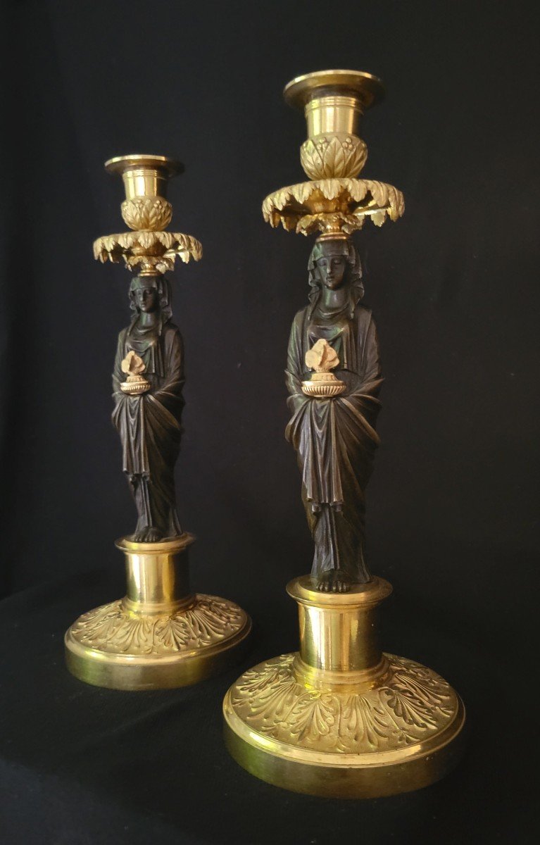Pair Of Vestal Candlesticks In Gilt And Patinated Bronze, Empire Period 