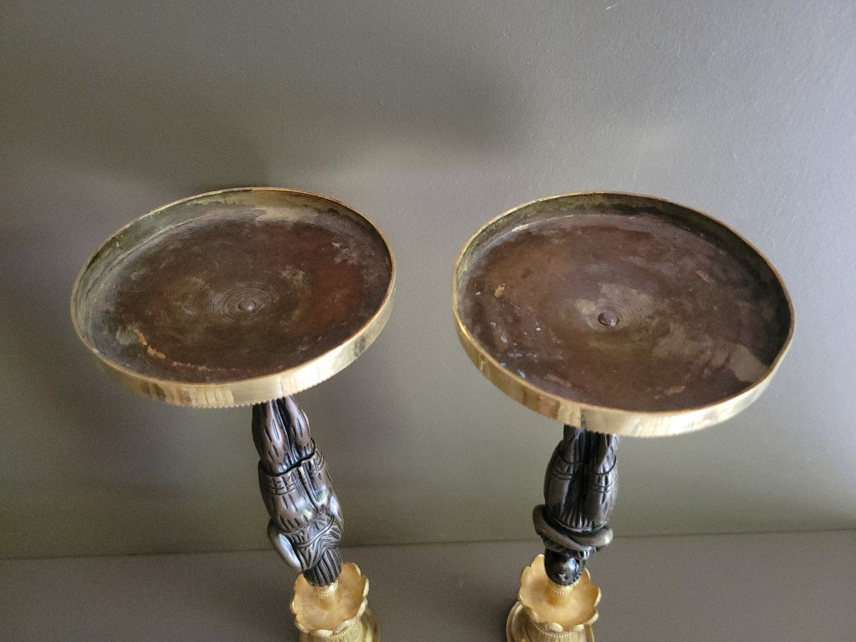 Paire De Flambeaux  Retour d'Egypte En Bronze Doré Et Patiné époque Consulat-photo-4