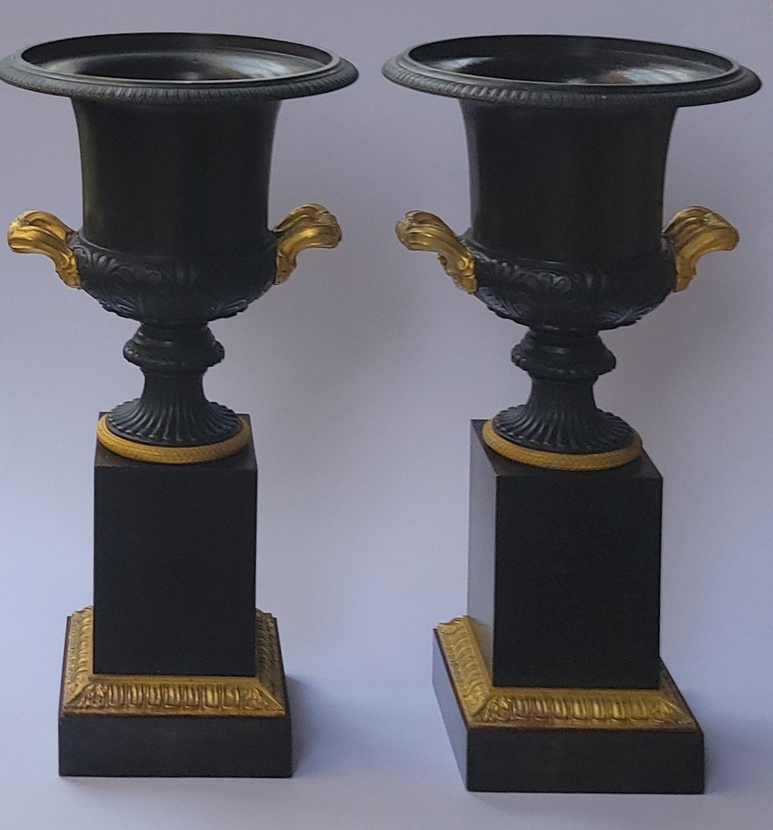 Pair Of Medicis Vases In Gilt Bronze With Green Patina Circa 1825-photo-3