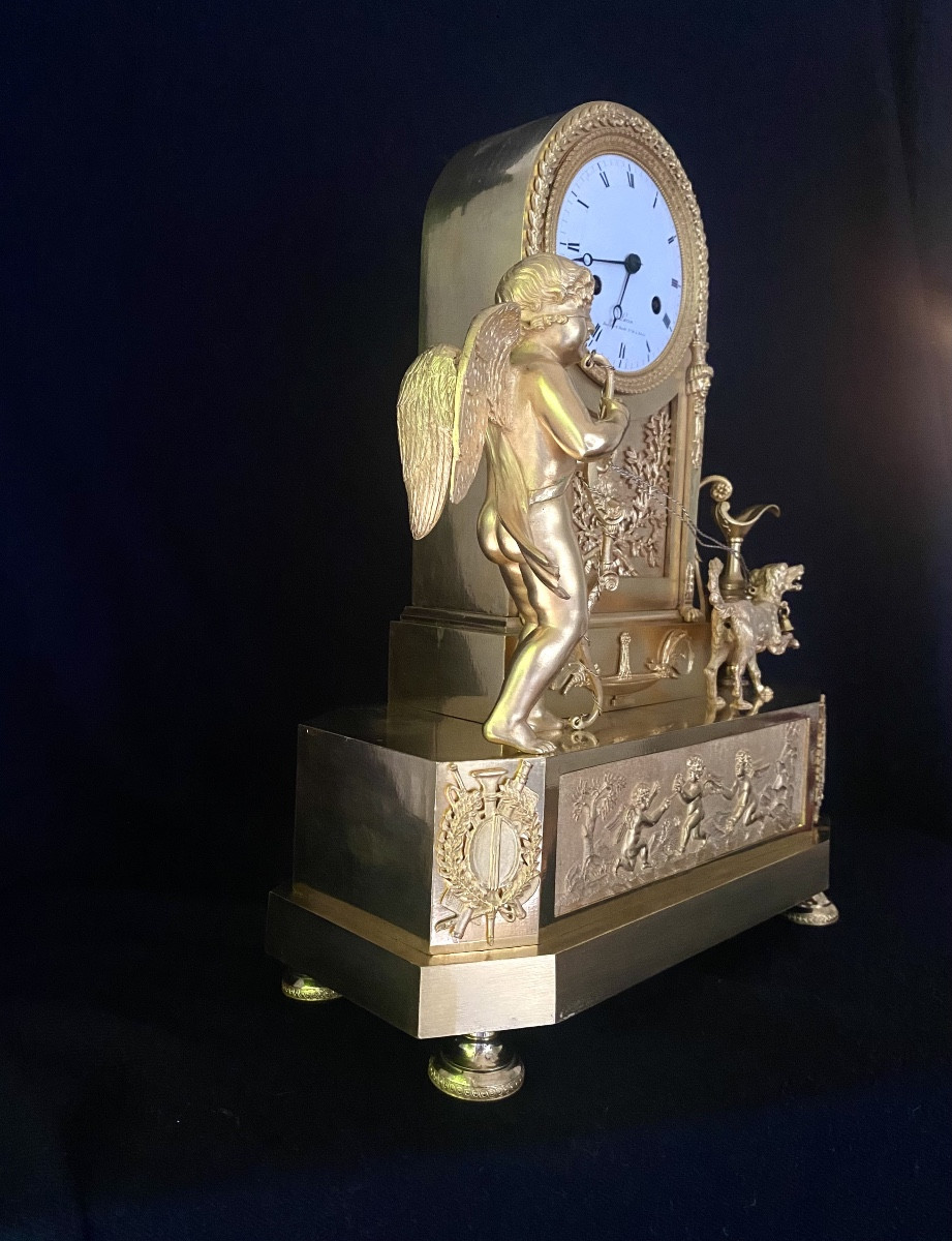 Gilded Bronze Clock "blind Love", Restoration Period-photo-1