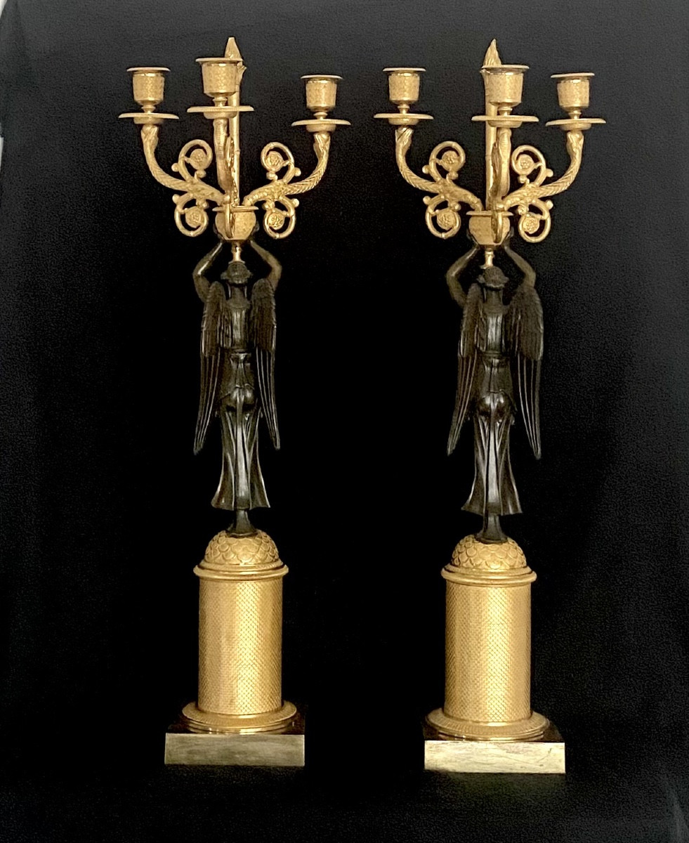 Paire de candélabres en bronze doré et patiné fin de l'époque empire-photo-4