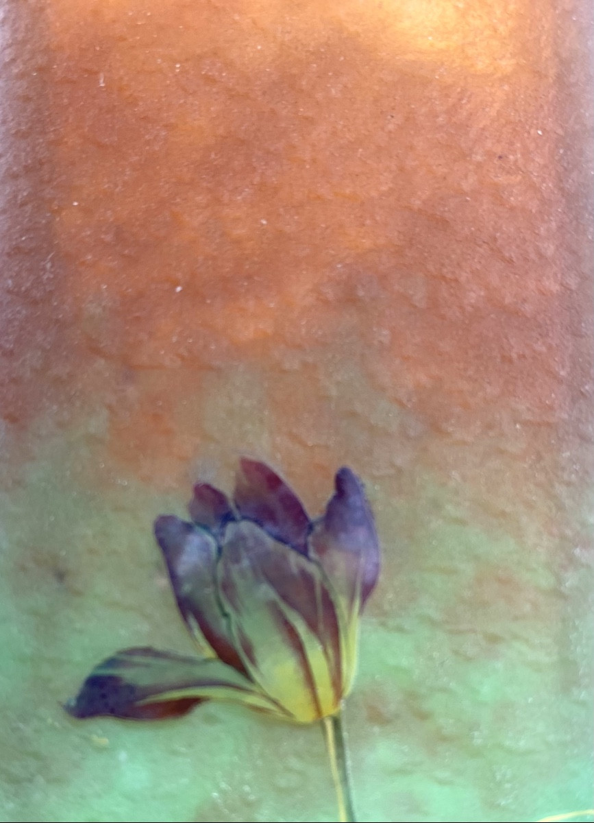 Daum Nancy, Square Vase Decorated With Enameled Wild Tulips, Circa 1900-photo-2