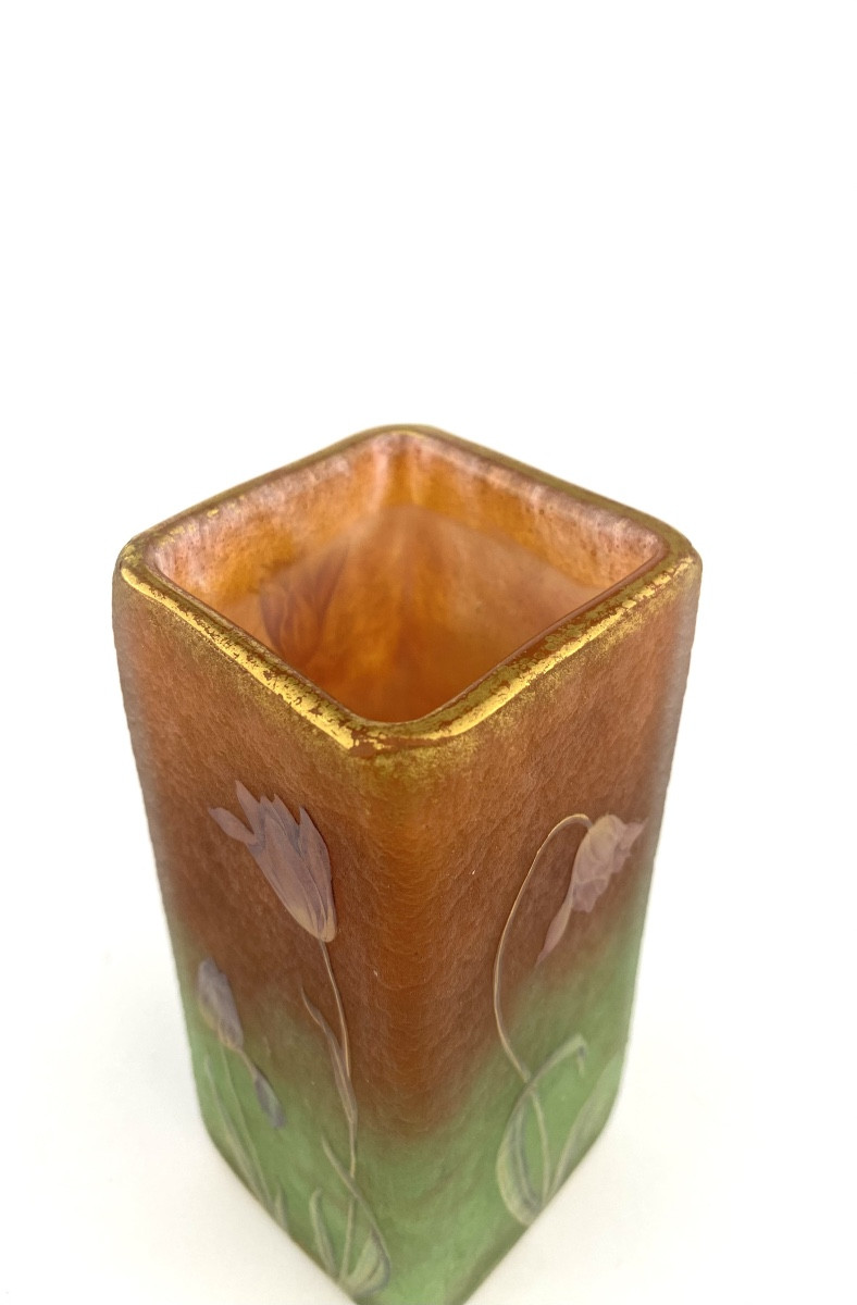 Daum Nancy, Square Vase Decorated With Enameled Wild Tulips, Circa 1900-photo-6
