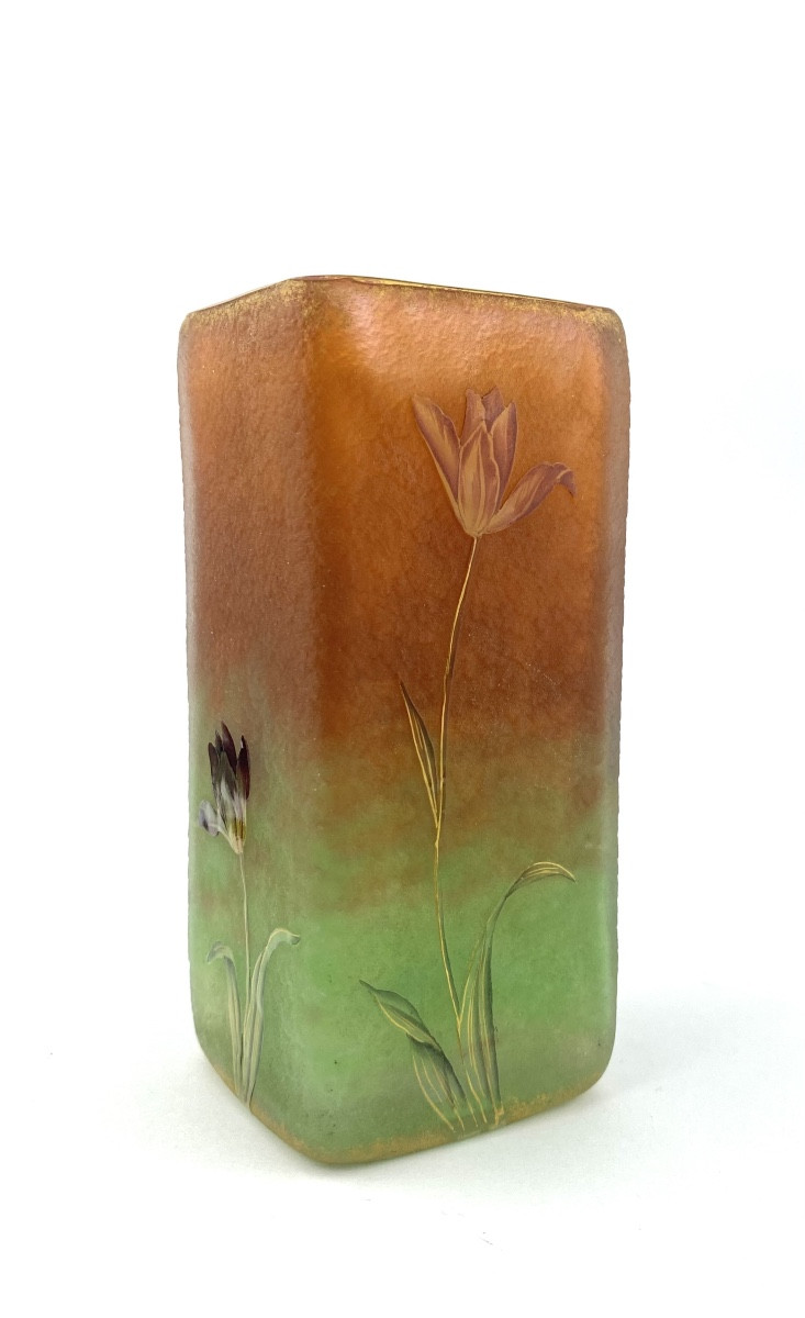 Daum Nancy, Square Vase Decorated With Enameled Wild Tulips, Circa 1900