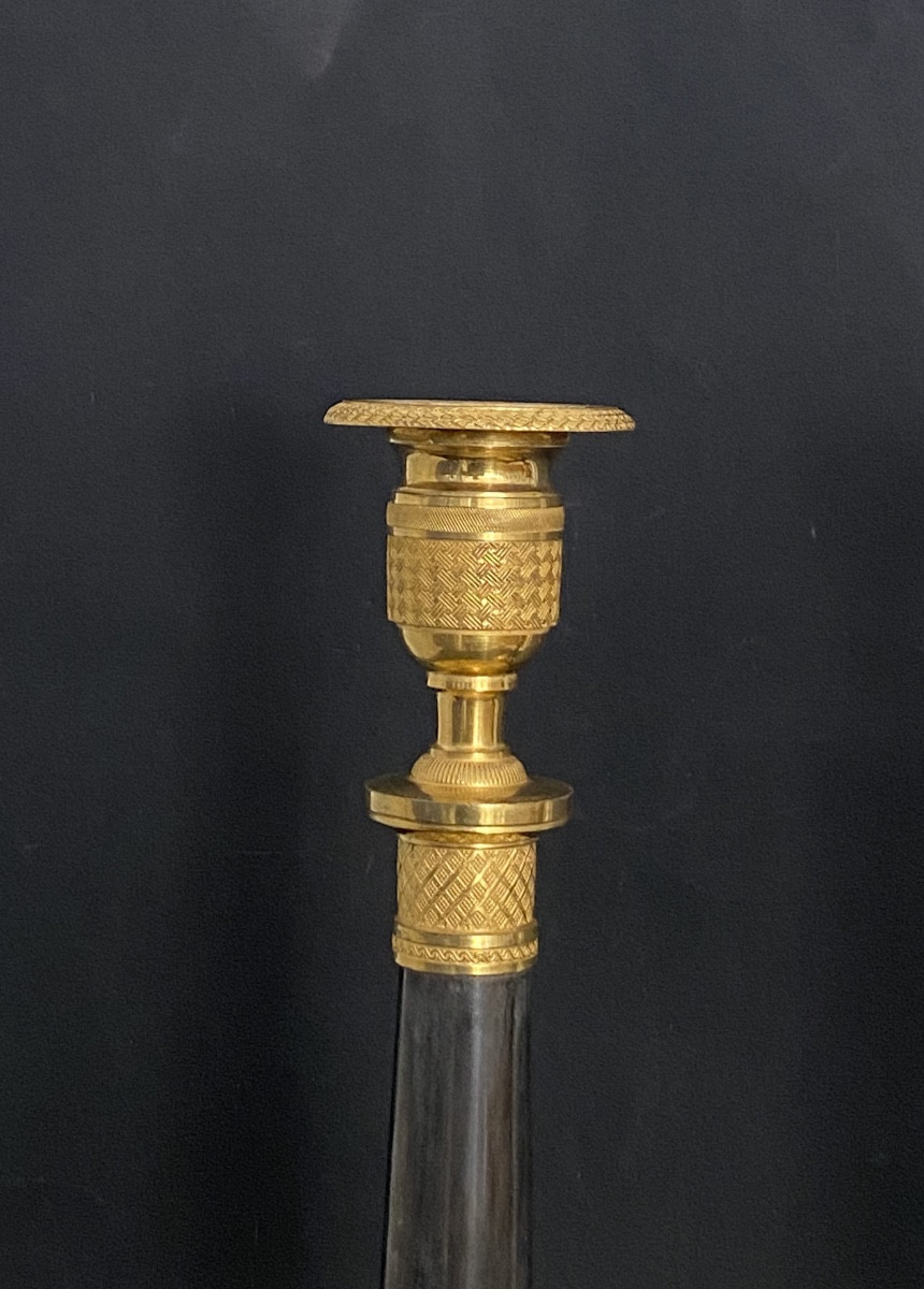 Paire de flambeaux en bronze patiné et doré d'époque empire-photo-3