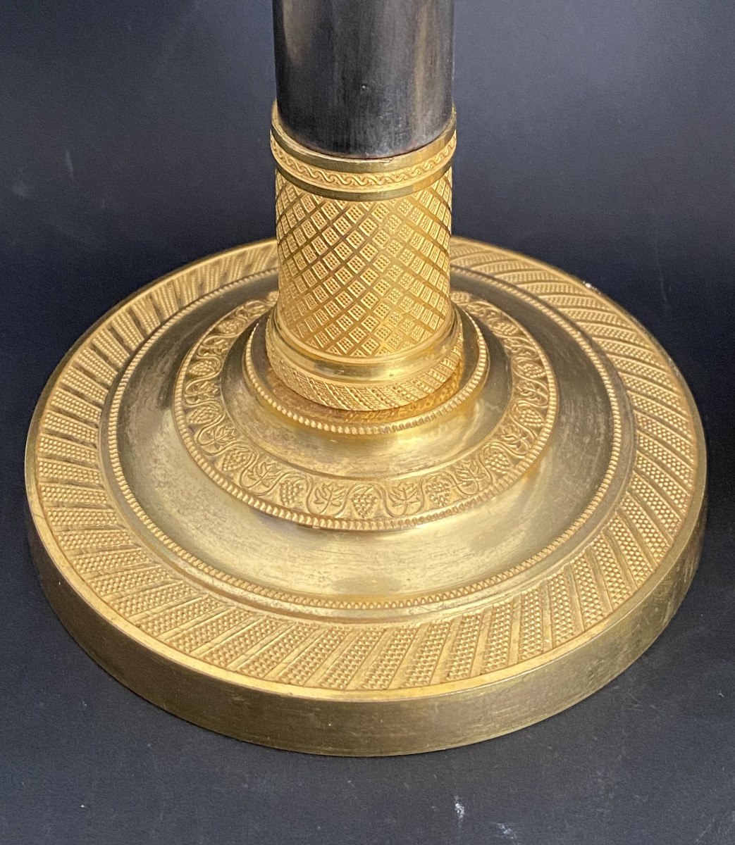 Paire de flambeaux en bronze patiné et doré d'époque empire-photo-1