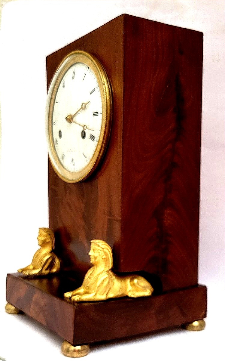 Empire-period Mahogany Pillar Clock With Sphinxes, Signed Bailly.-photo-2
