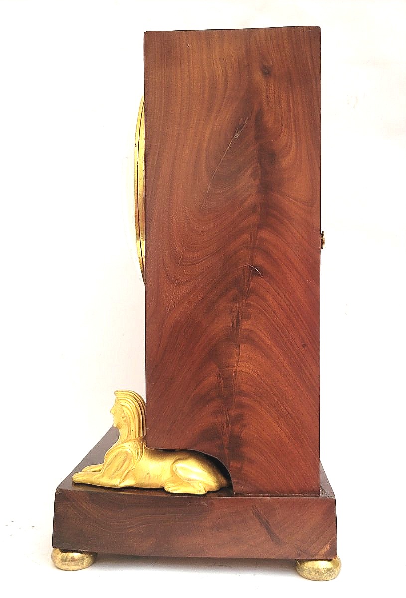 Empire-period Mahogany Pillar Clock With Sphinxes, Signed Bailly.-photo-3