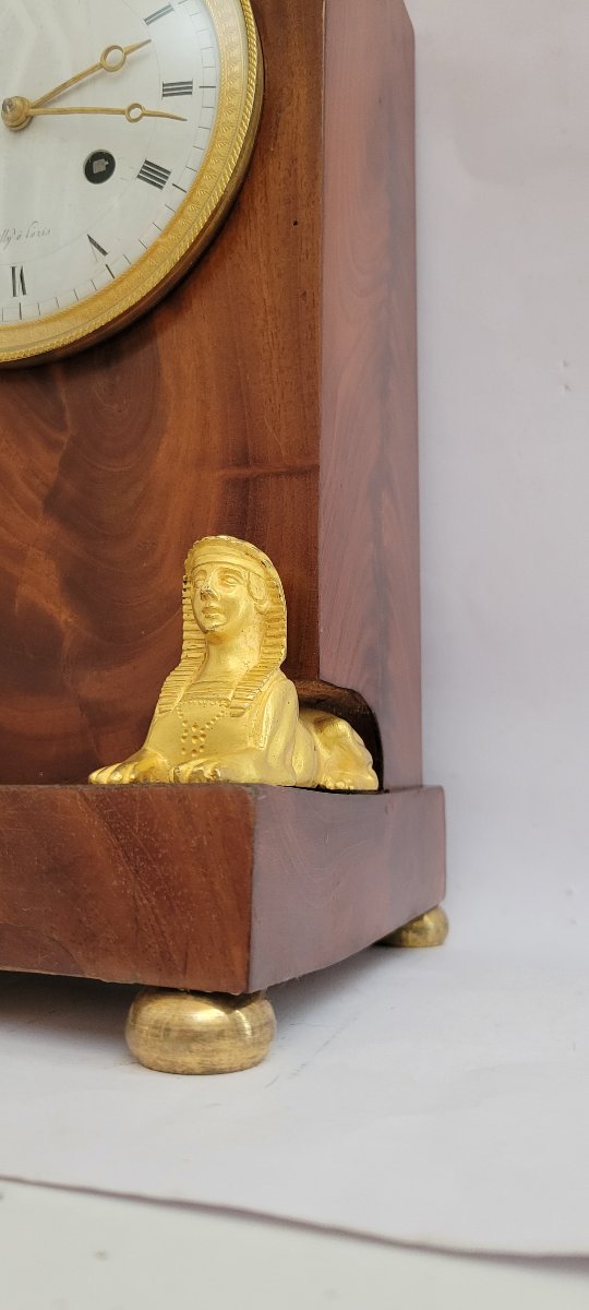 Empire-period Mahogany Pillar Clock With Sphinxes, Signed Bailly.-photo-5