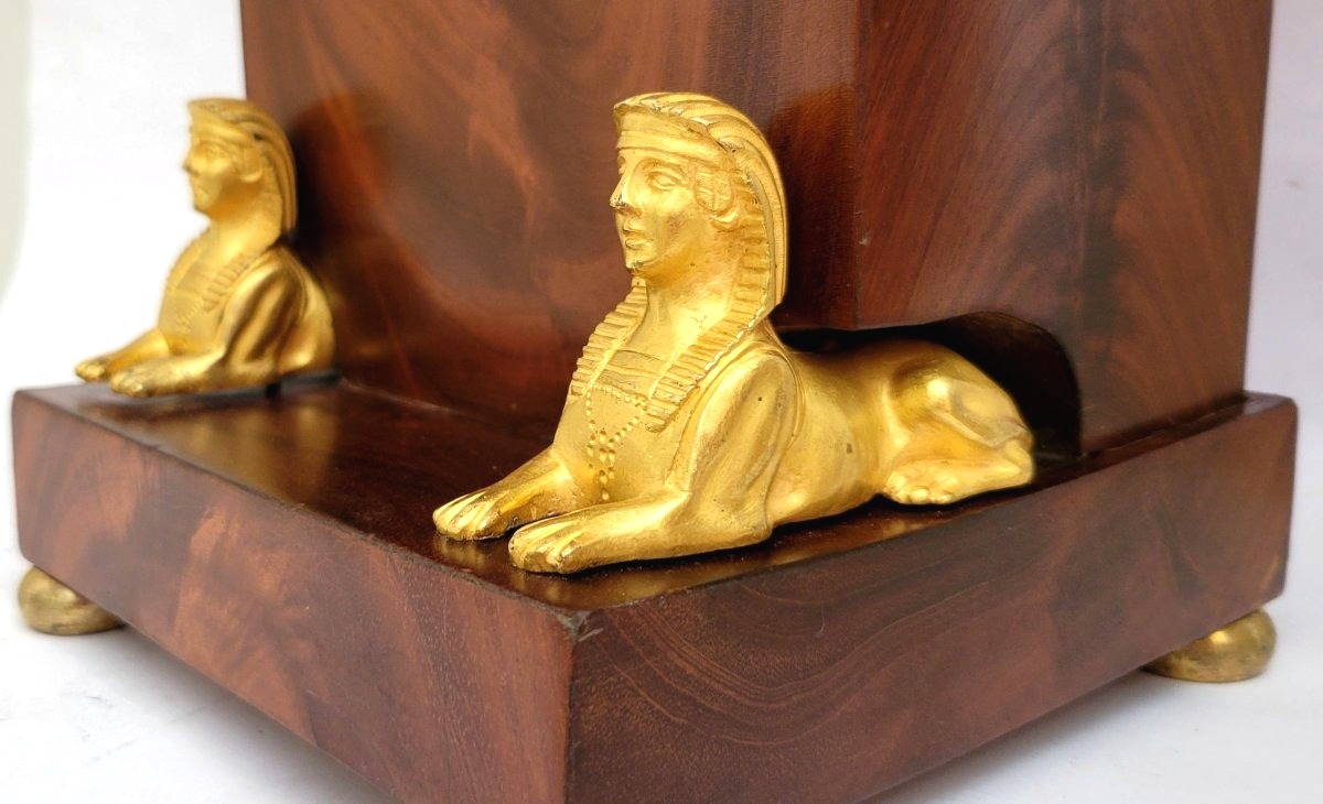 Empire-period Mahogany Pillar Clock With Sphinxes, Signed Bailly.-photo-3