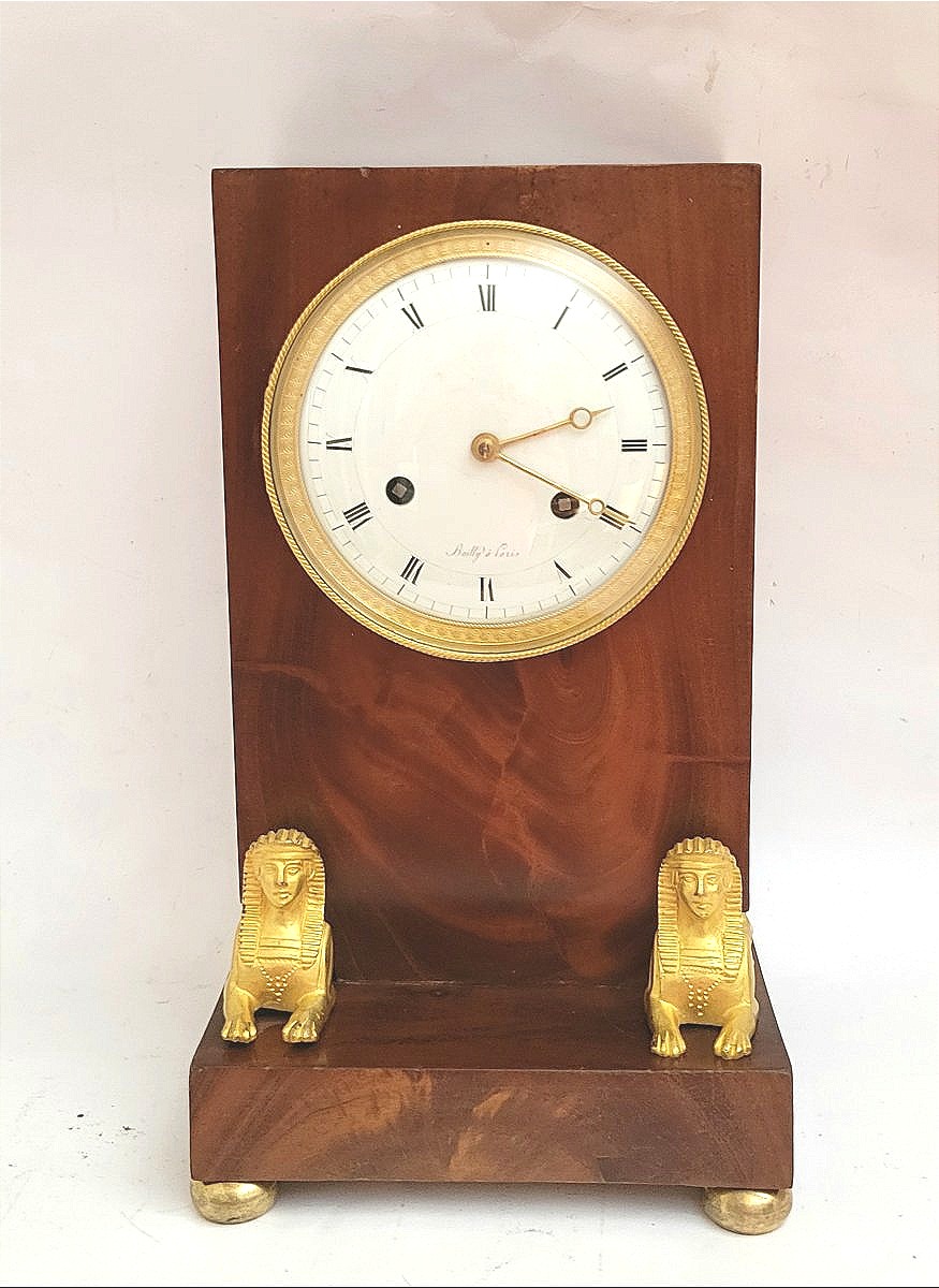 Empire-period Mahogany Pillar Clock With Sphinxes, Signed Bailly.