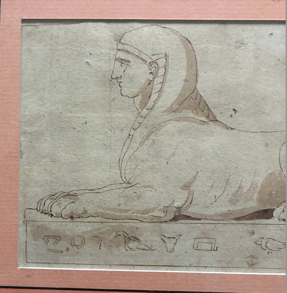 Reclining Sphinx — Pen-and-ink Drawing With Wash, 18th-century French School-photo-3