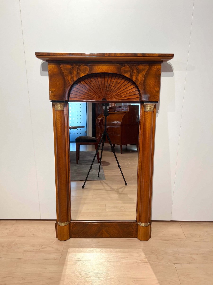 Biedermeier Walnut, Maple, Brass Wall Mirror, Germany Circa 1820-photo-1