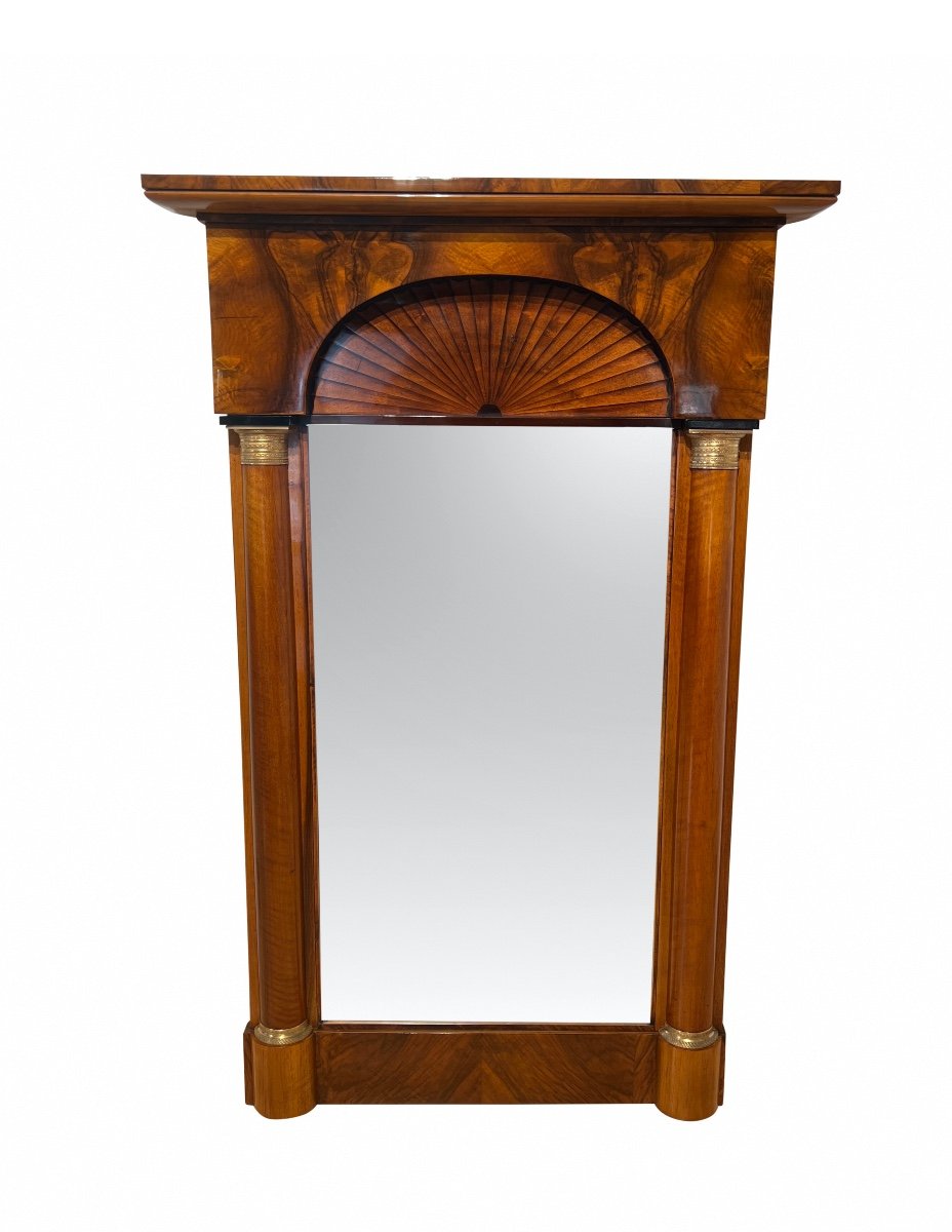 Biedermeier Walnut, Maple, Brass Wall Mirror, Germany Circa 1820