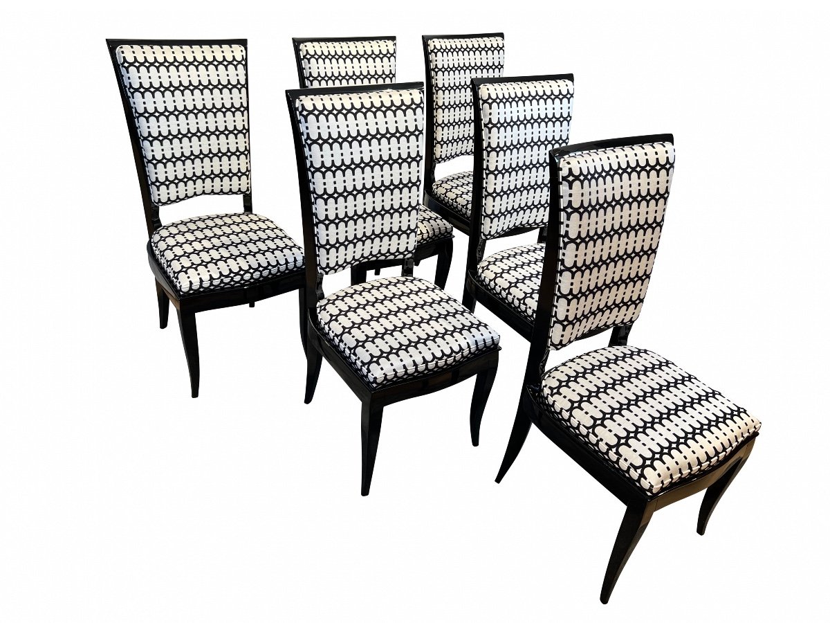 Six Art Deco High Back Dining Chairs, Black Lacquer, France Circa 1930-photo-2