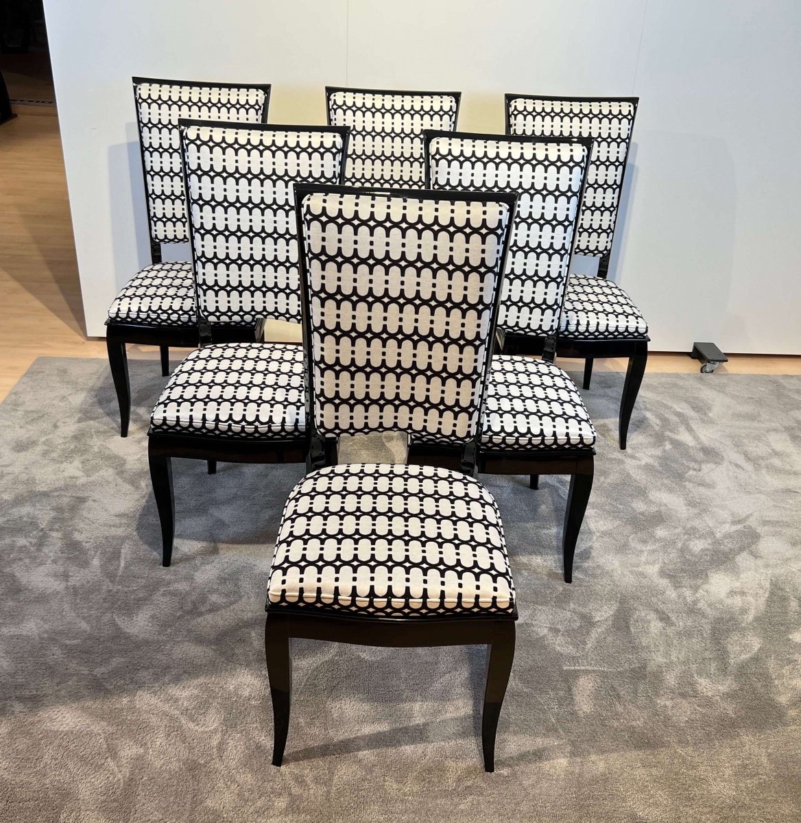 Six Art Deco High Back Dining Chairs, Black Lacquer, France Circa 1930-photo-3