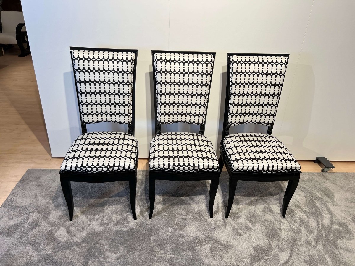 Six Art Deco High Back Dining Chairs, Black Lacquer, France Circa 1930-photo-4