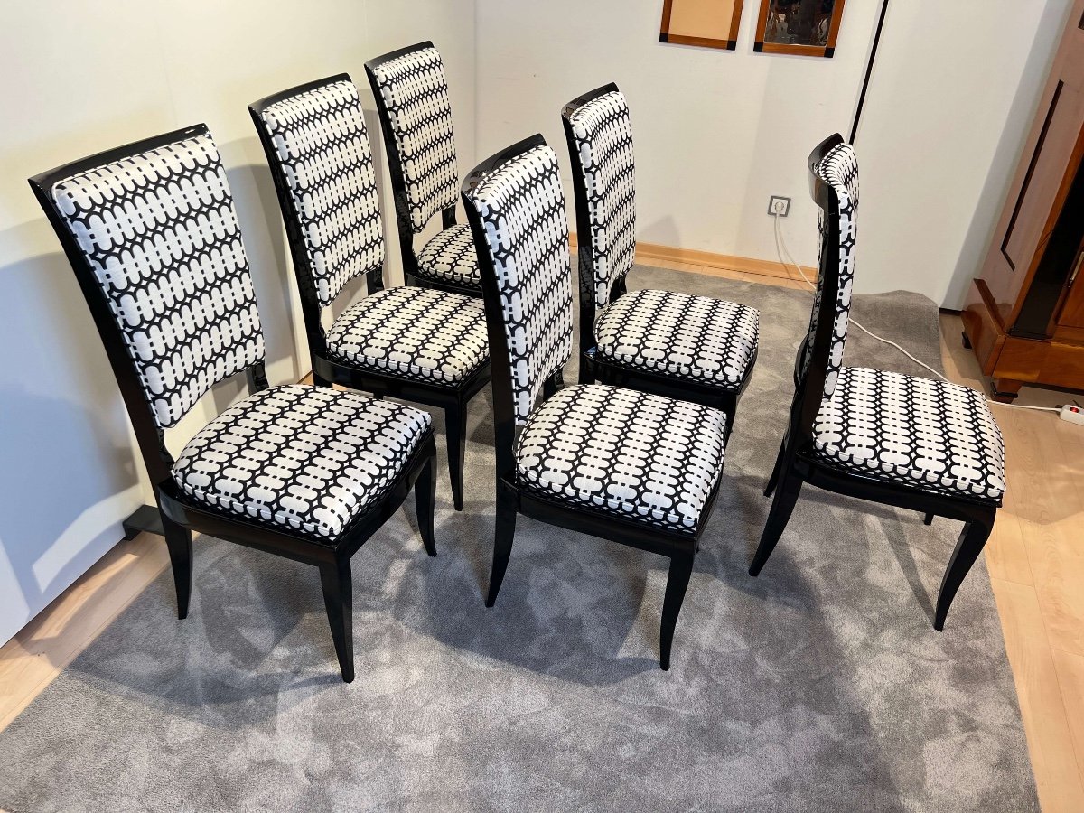 Six Art Deco High Back Dining Chairs, Black Lacquer, France Circa 1930-photo-1