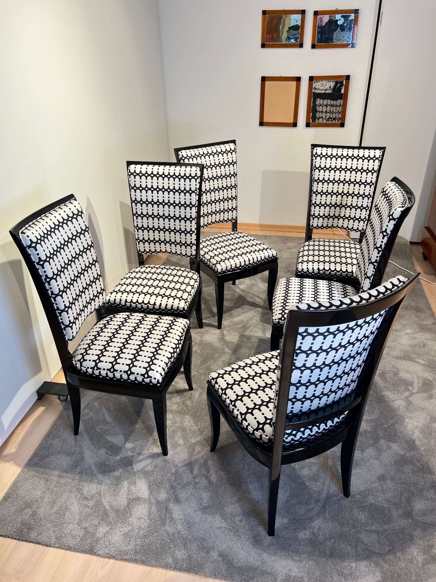 Six Art Deco High Back Dining Chairs, Black Lacquer, France Circa 1930-photo-2