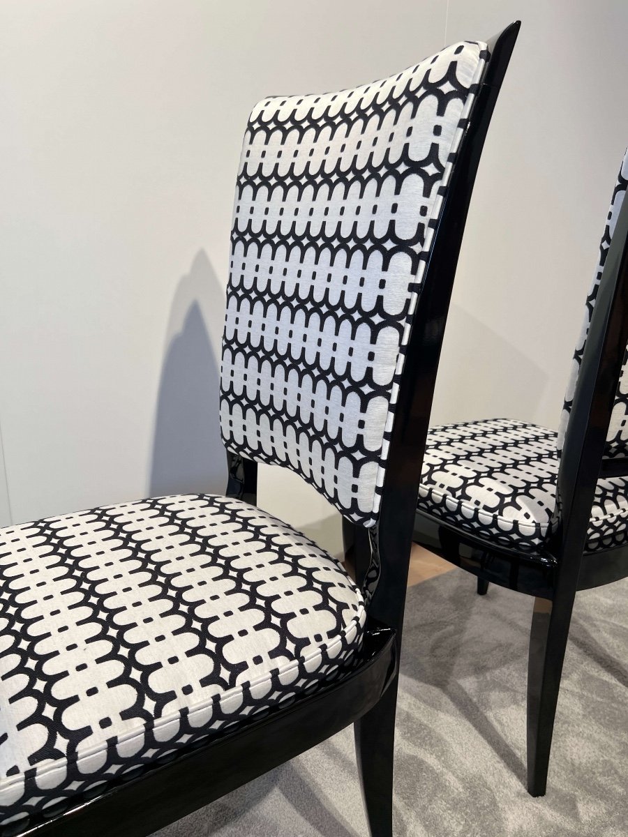 Six Art Deco High Back Dining Chairs, Black Lacquer, France Circa 1930-photo-6