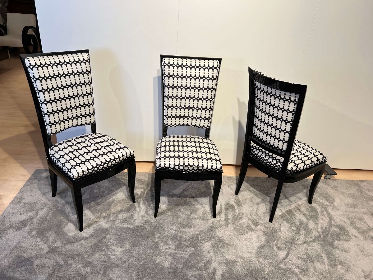 Six Art Deco High Back Dining Chairs, Black Lacquer, France Circa 1930-photo-8