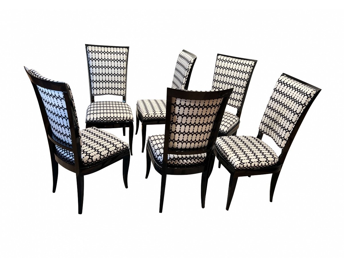 Six Art Deco High Back Dining Chairs, Black Lacquer, France Circa 1930