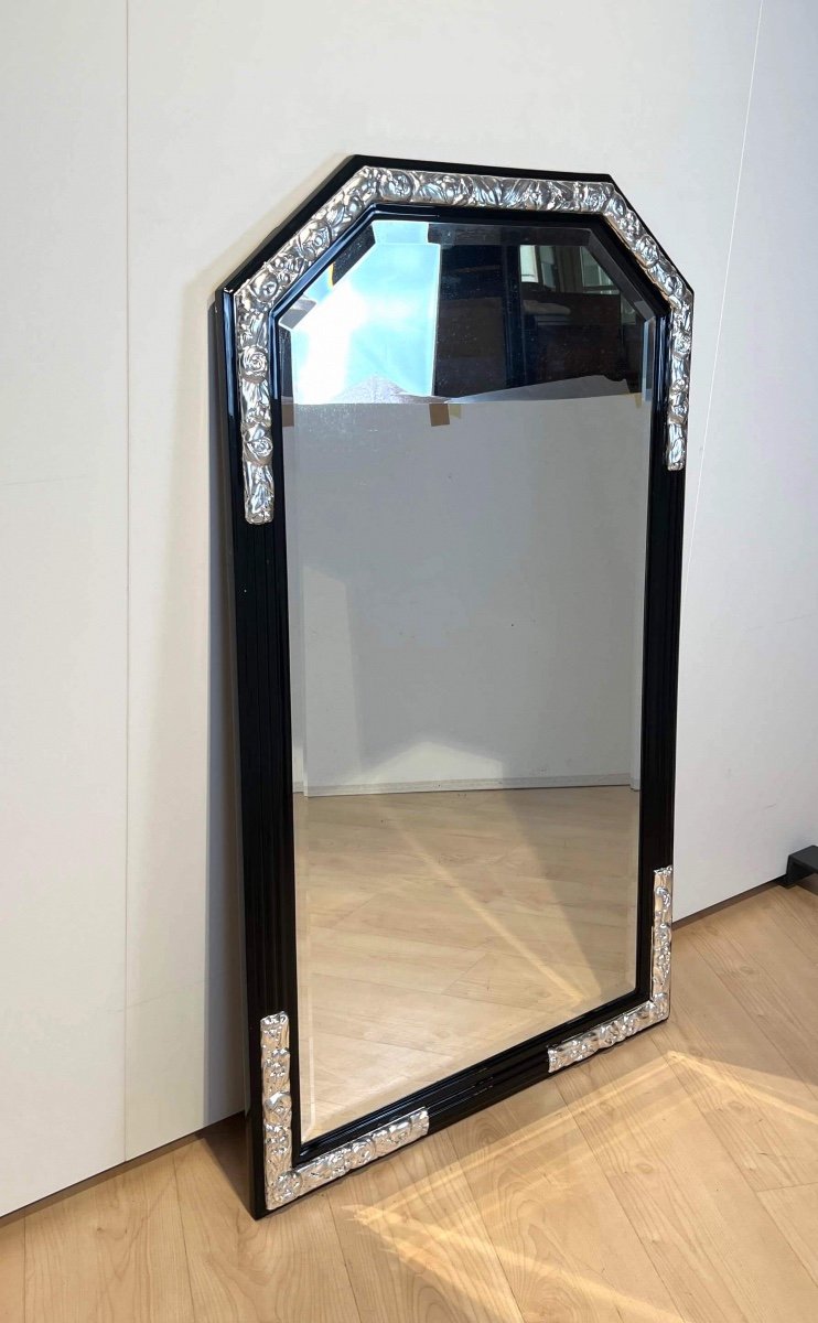 Large Art Deco Wall Mirror, Black Lacquer, Oak, Silver Leaf, France Circa 1930-photo-3