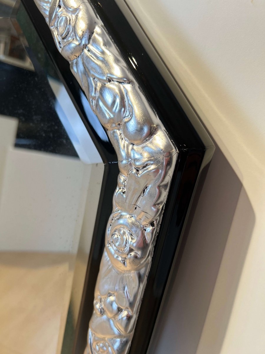 Large Art Deco Wall Mirror, Black Lacquer, Oak, Silver Leaf, France Circa 1930-photo-1