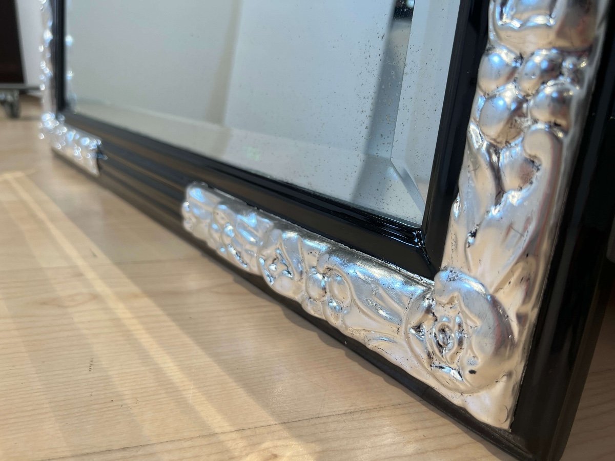 Large Art Deco Wall Mirror, Black Lacquer, Oak, Silver Leaf, France Circa 1930-photo-4