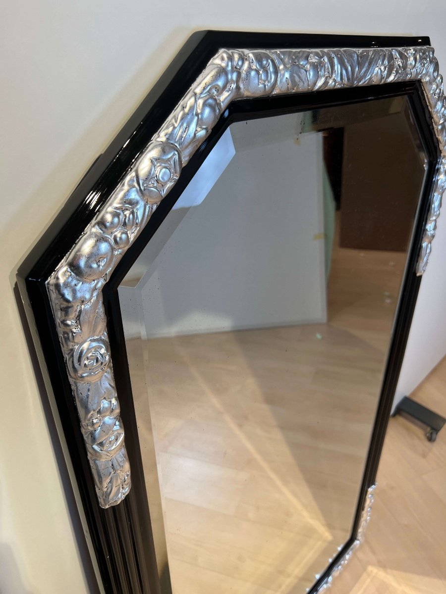 Large Art Deco Wall Mirror, Black Lacquer, Oak, Silver Leaf, France Circa 1930-photo-6