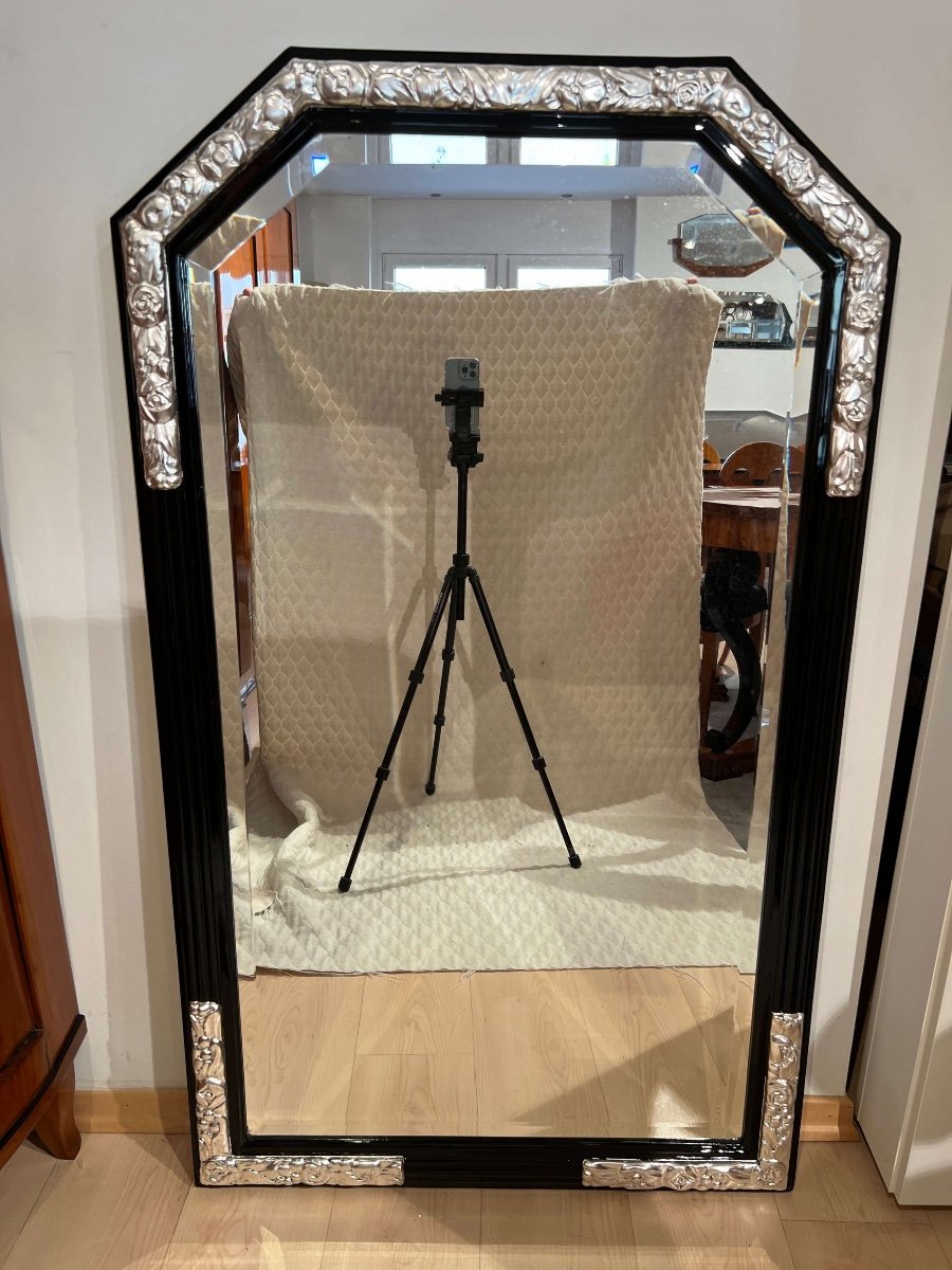 Large Art Deco Wall Mirror, Black Lacquer, Oak, Silver Leaf, France Circa 1930-photo-8