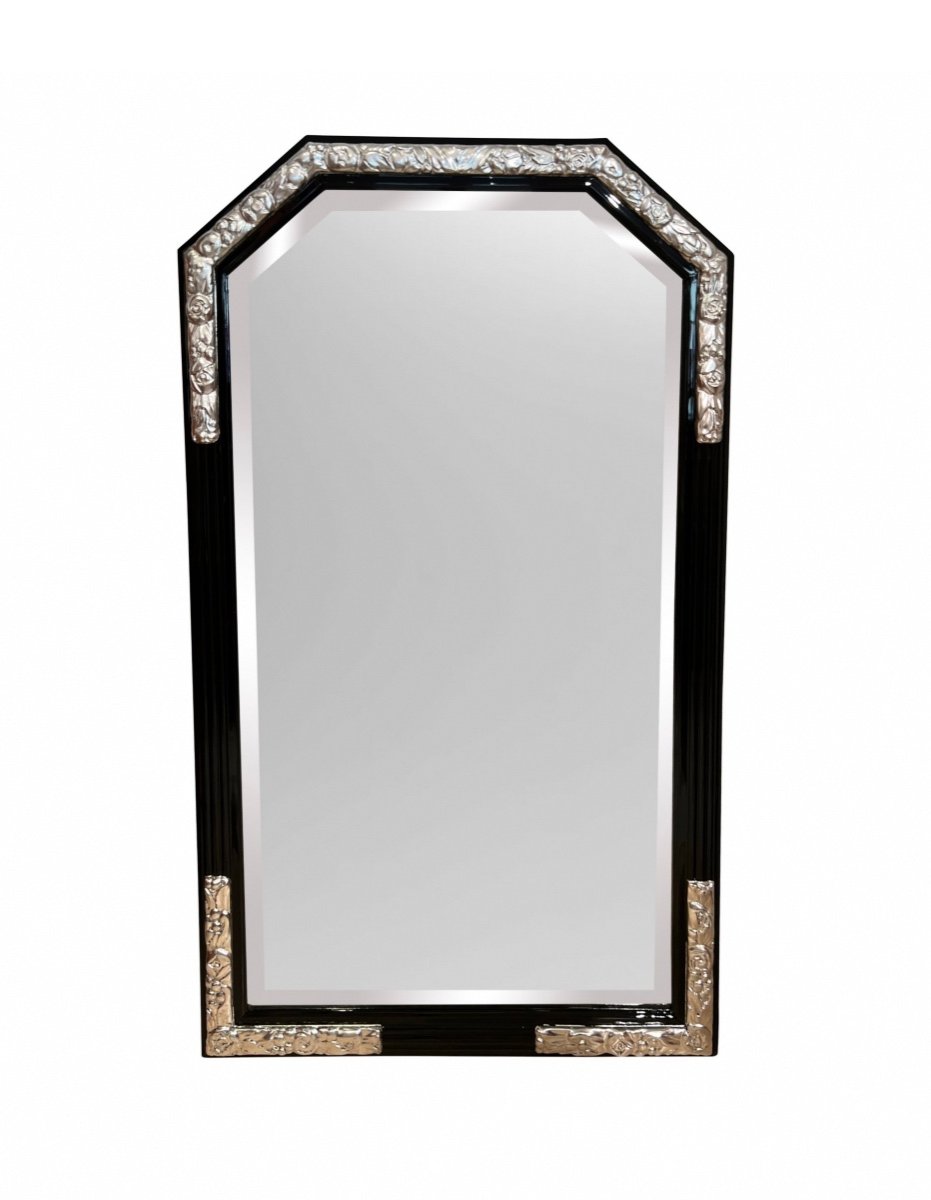 Large Art Deco Wall Mirror, Black Lacquer, Oak, Silver Leaf, France Circa 1930