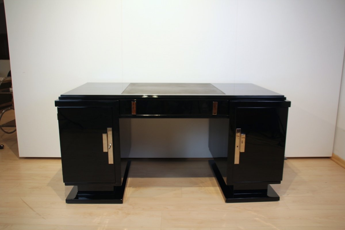 Small Art Deco Desk, Black Lacquer, Nickel, France Circa 1930-photo-2